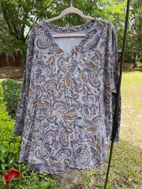J Jill V-Neck Paisley Long Sleeve shirt - Blue Multi